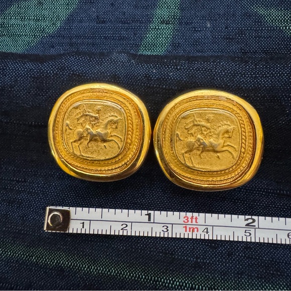 Vintage Gold Clip-On Earrings Horse Rider Relief | Greek Revival Style - Picture 4 of 7